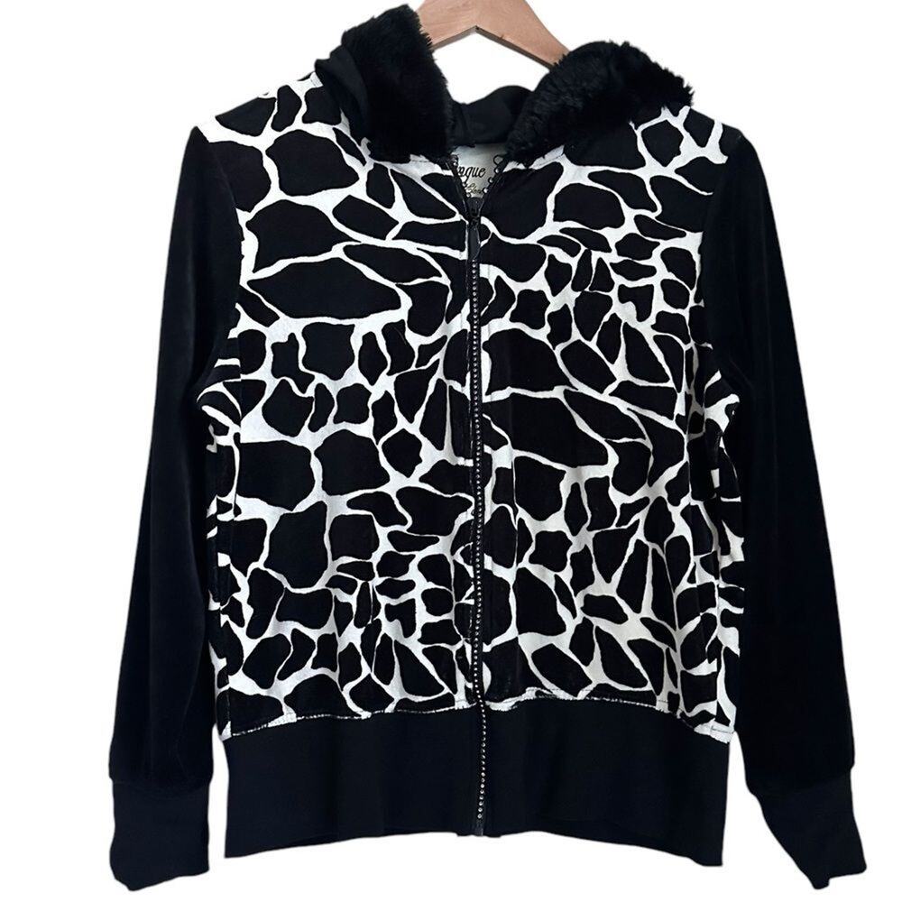 Onque Women M Full Zip Jacket Velour Geometric Print Faux Fur Hood Black White